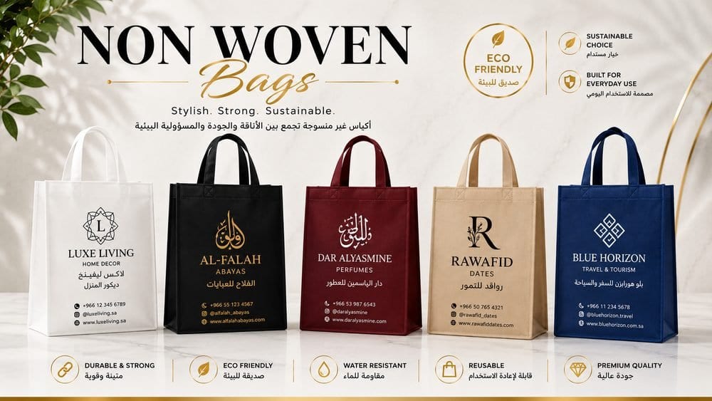 Custom non-woven bags in white, black, maroon, beige and navy with printed logos