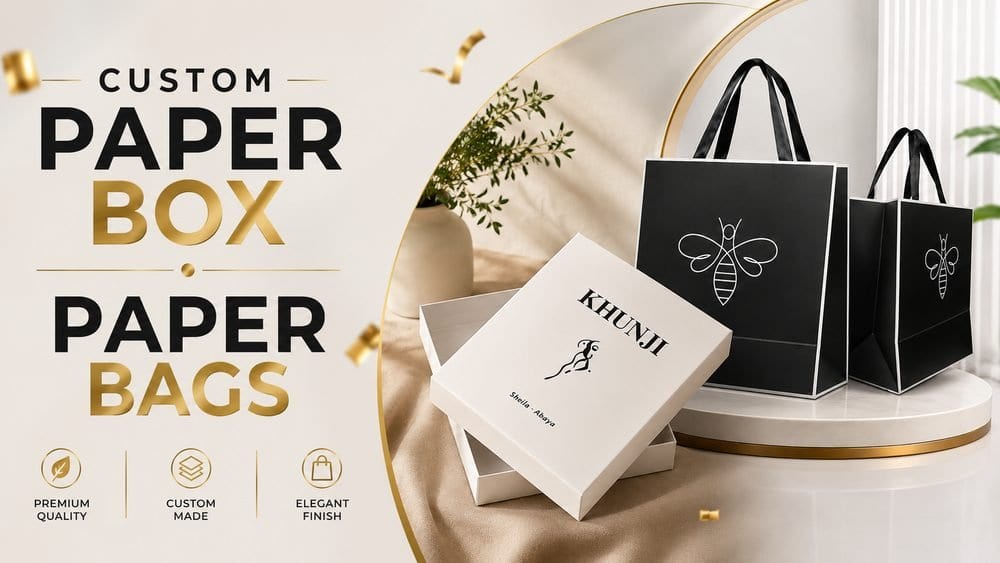 Black printed paper bags and a custom paper box